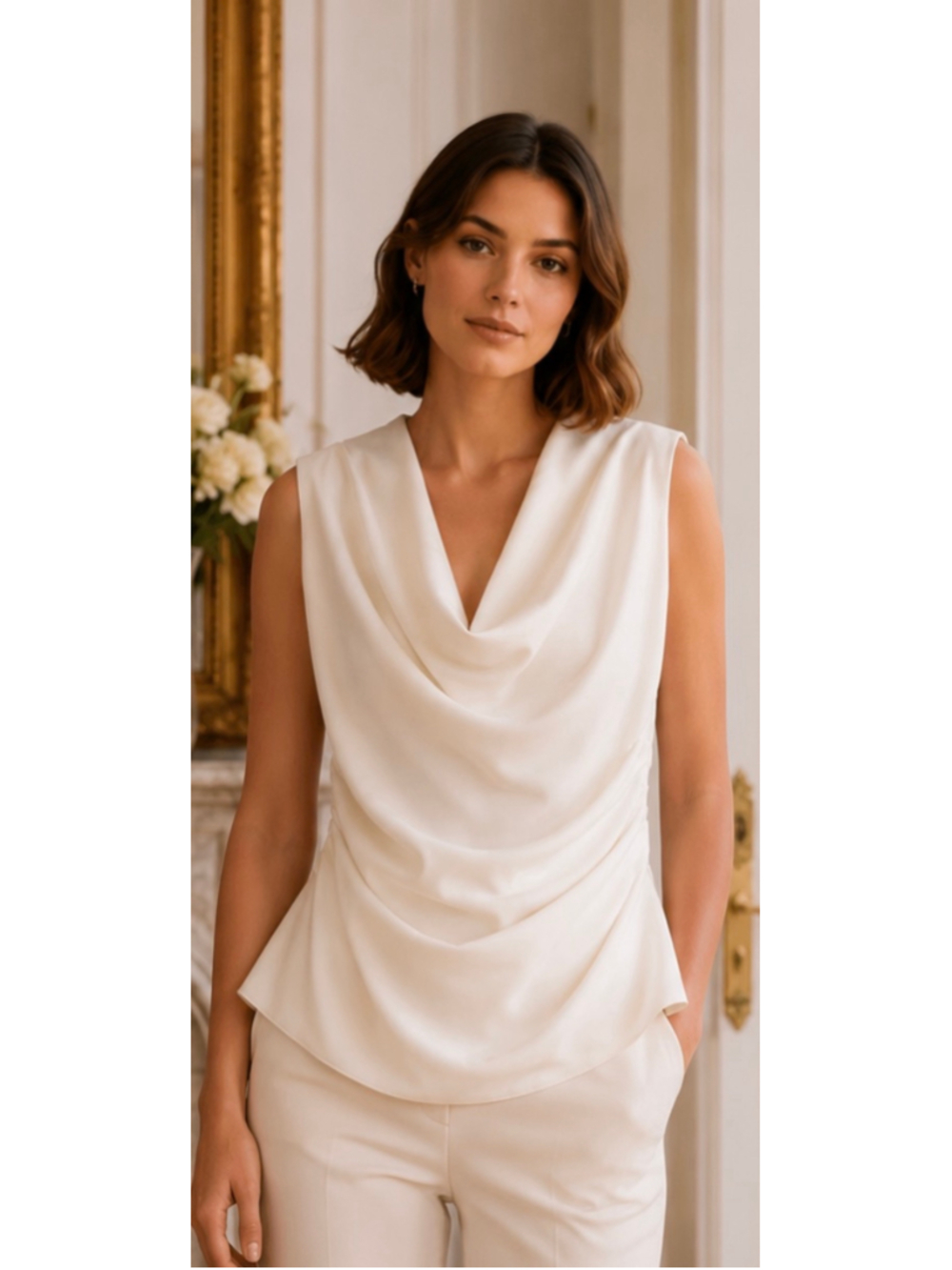 Proenza Schouler Cowl Neck Sleeveless Blouse, White, Size 8 New w Tag